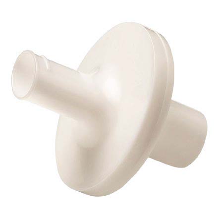 Vit plastmedicinsk filter med en rund, platt mitten och två cylindriska anslutningsändar.