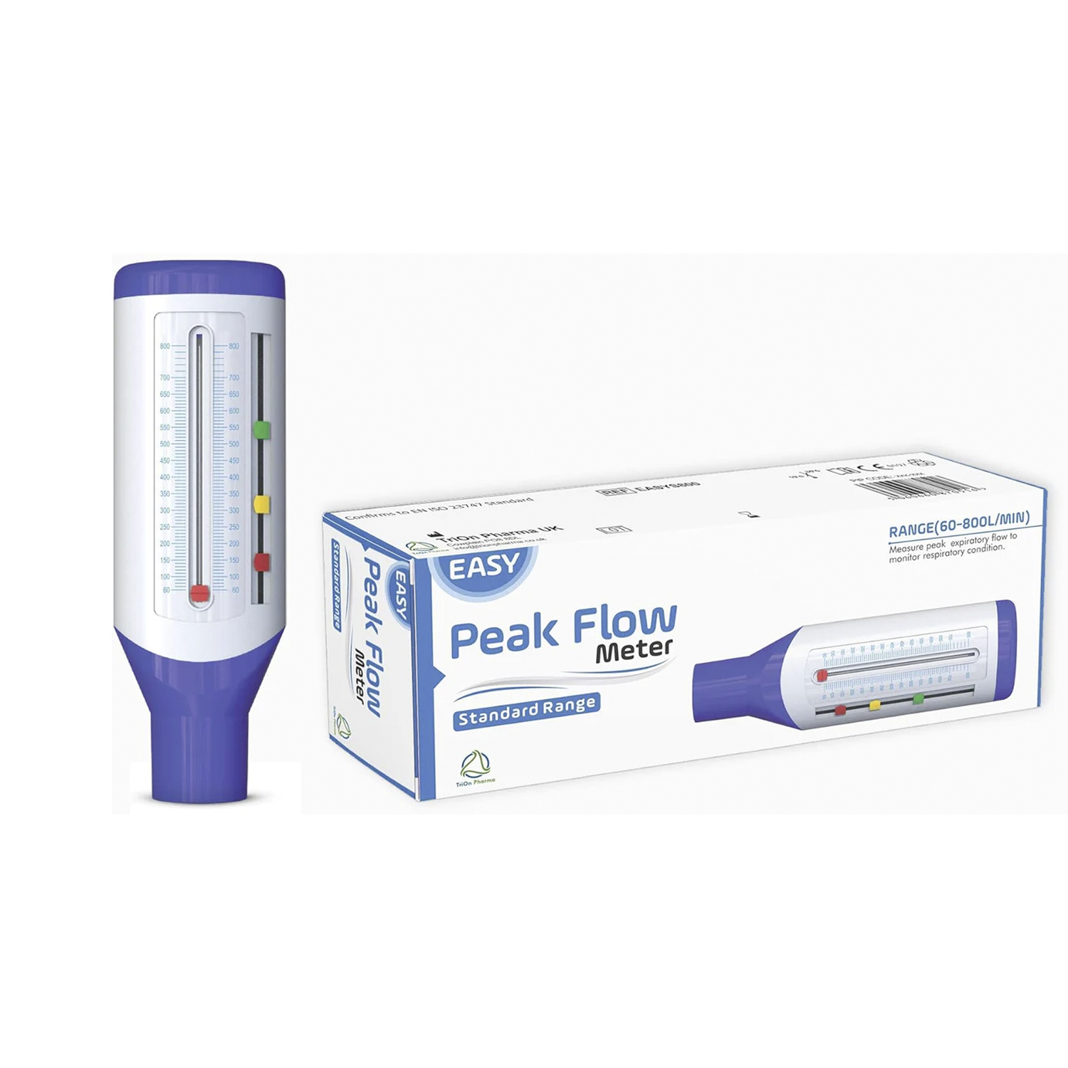 Huippuvirtamittari, jossa on sininen suukappale, ja sen pakkauslaatikko, jossa lukee "Easy Peak Flow Meter Standard Range".