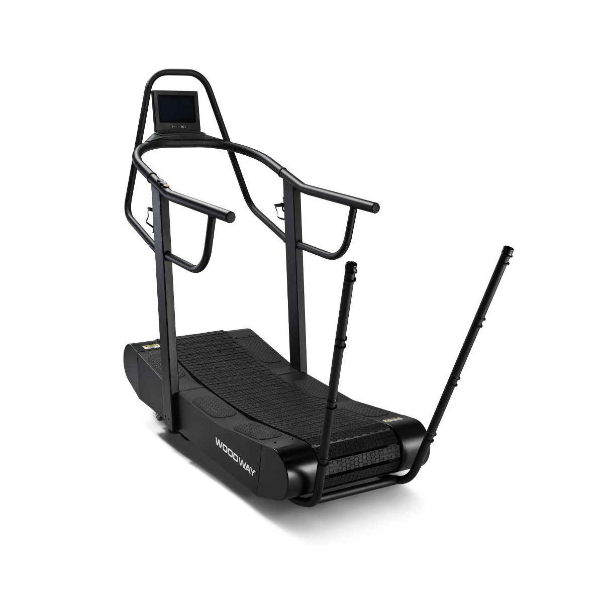 Black Woodway buet tredemølle med side- og frontsikre rekkverk, en digital skjerm og solide håndrekker.