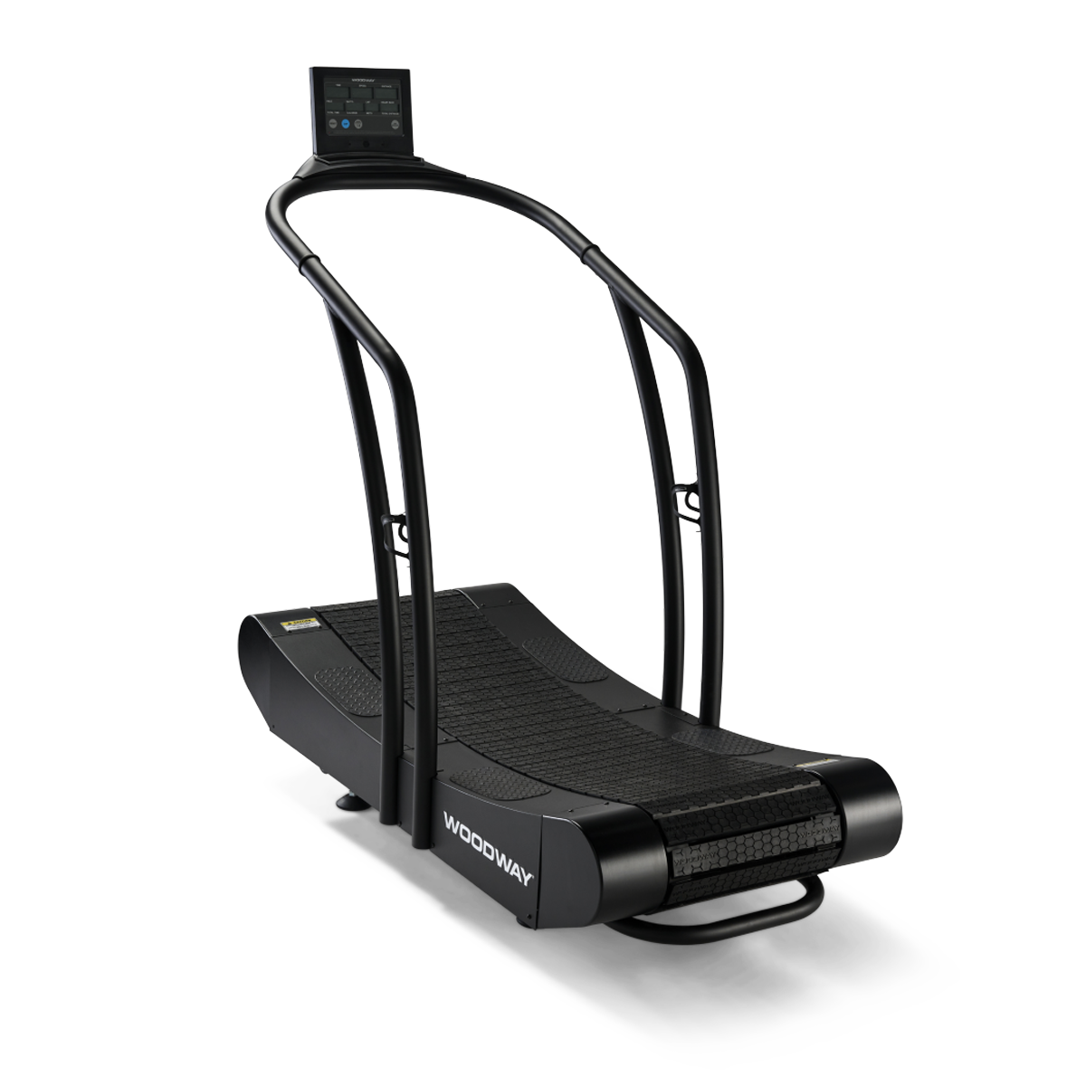 Buet manuell tredemølle med sidehåndtak, en skjerm, og merkenavnet "WOODWAY" på siden.