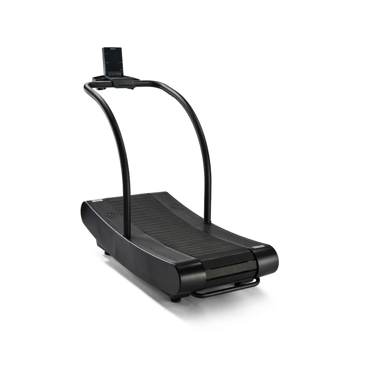 Buet svart tredemølle med håndtak og en skjermmonitor foran.