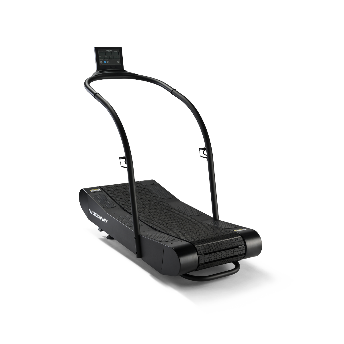 Buet svart tredemølle med skjerm og håndtak, merket "Woodway."