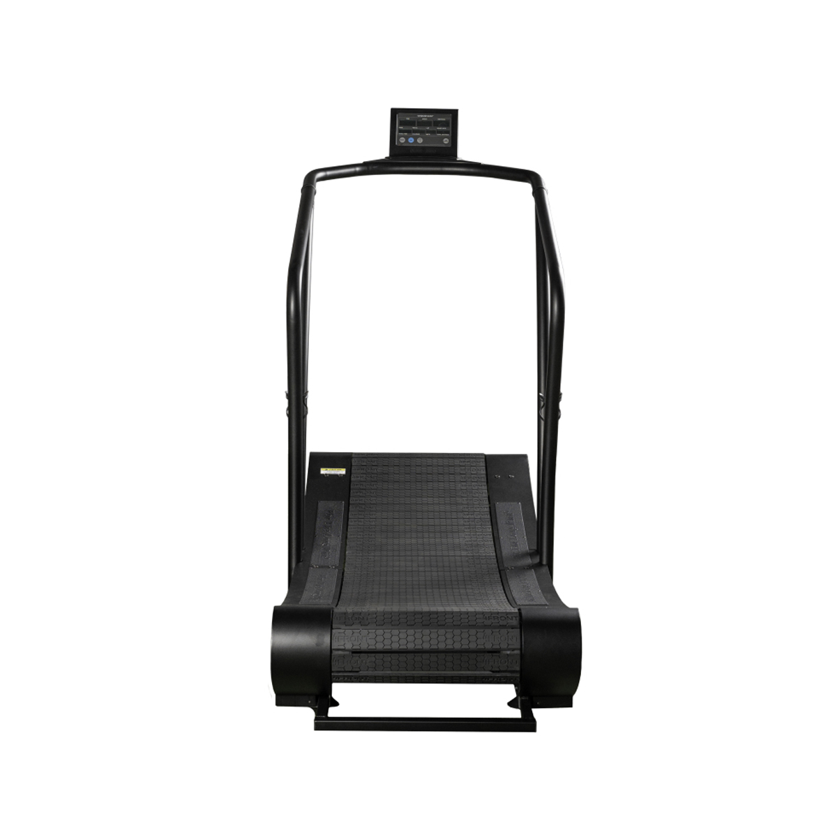 Svart buet tredemølle med digital skjerm, fotografert forfra mot en hvit bakgrunn.