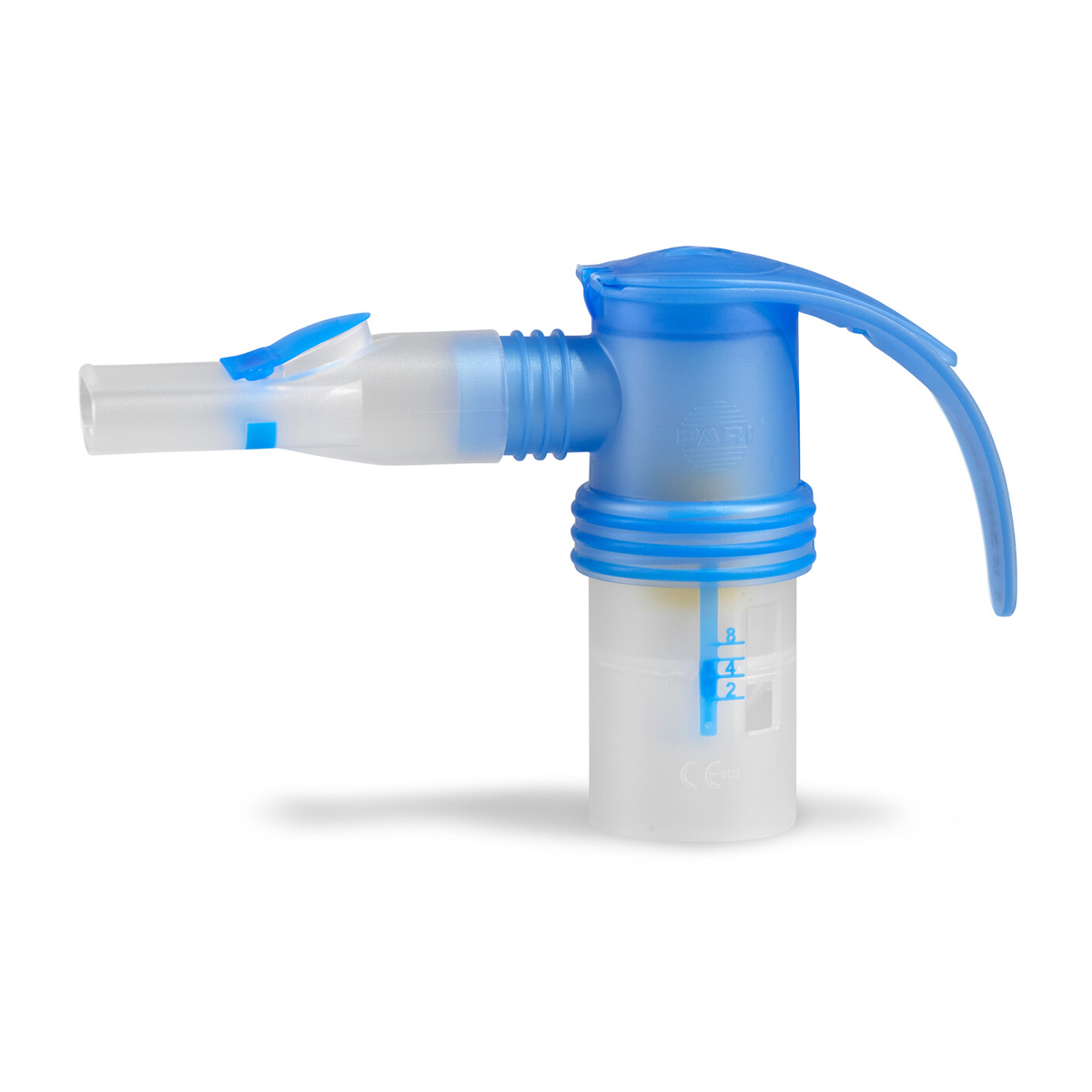 Et blått og hvitt plastmunnstykke for nebulisator til medisinsk inhalasjonsterapi, vist på en hvit bakgrunn.