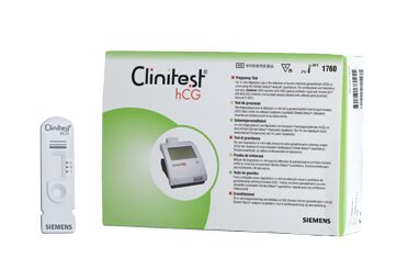 Clinitest hCG graviditetstestsett fra Siemens med eske og teststrimmel synlig.