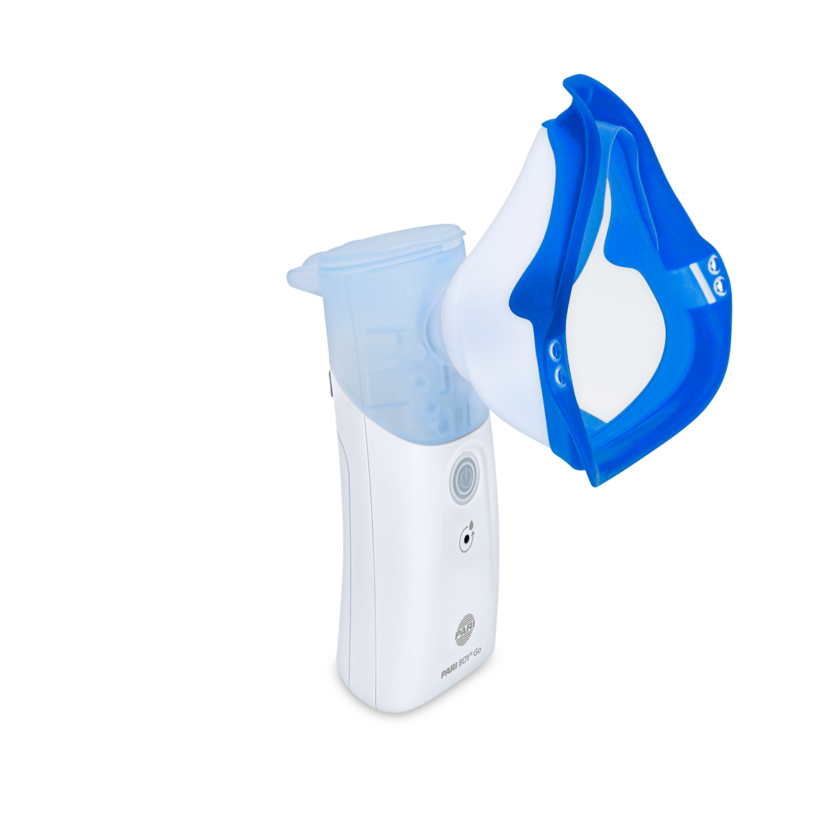 Bærbar forstøver med en blå og hvit ansiktsmaske, utformet for respiratoriske behandlinger.